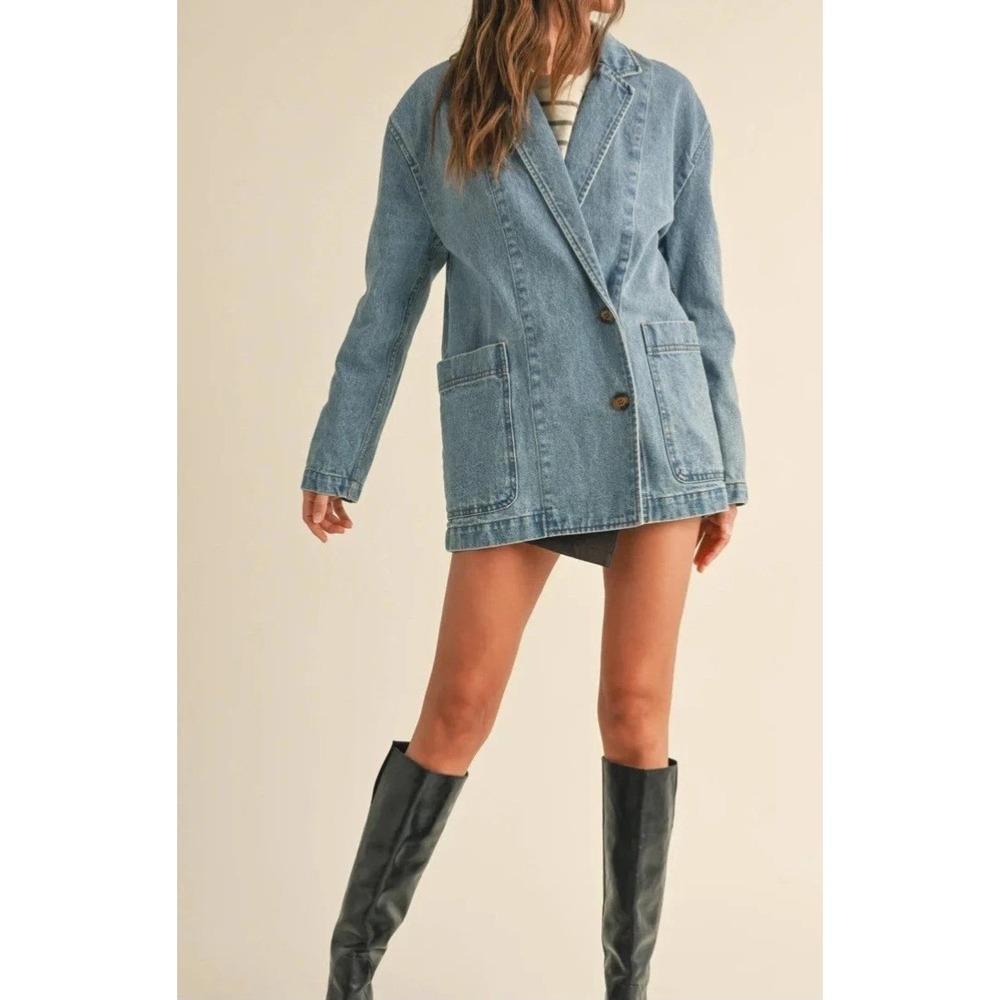 New Miou Muse Oversized Blue Jean Denim Blazer Chore Jacket Classic Size M